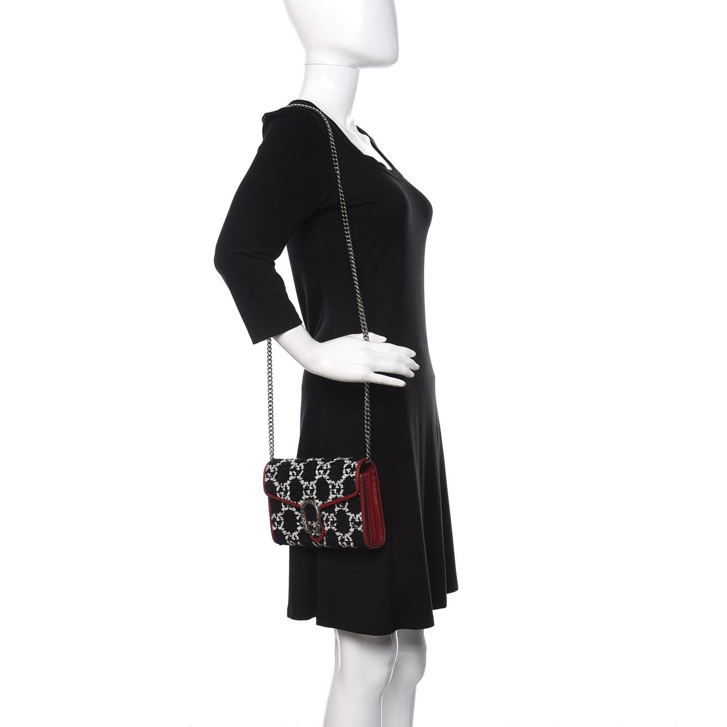 Tweed GG Monogram Mini Dionysus Chain Wallet Black White Romantic Cherry