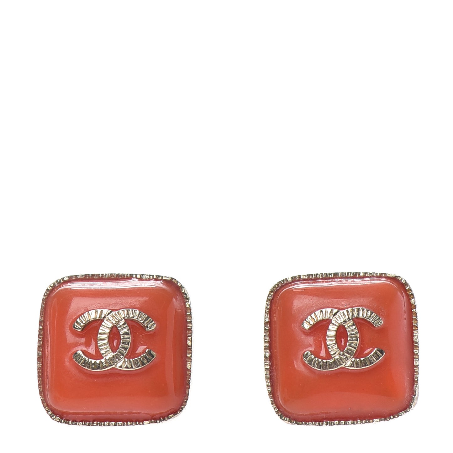 Enamel CC Square Earrings Coral Gold