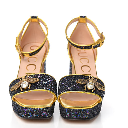 Gucci Glitter Soko Bee Platform Mid Heel Sandals 38 Notte Oro Multicolor 2 of 11