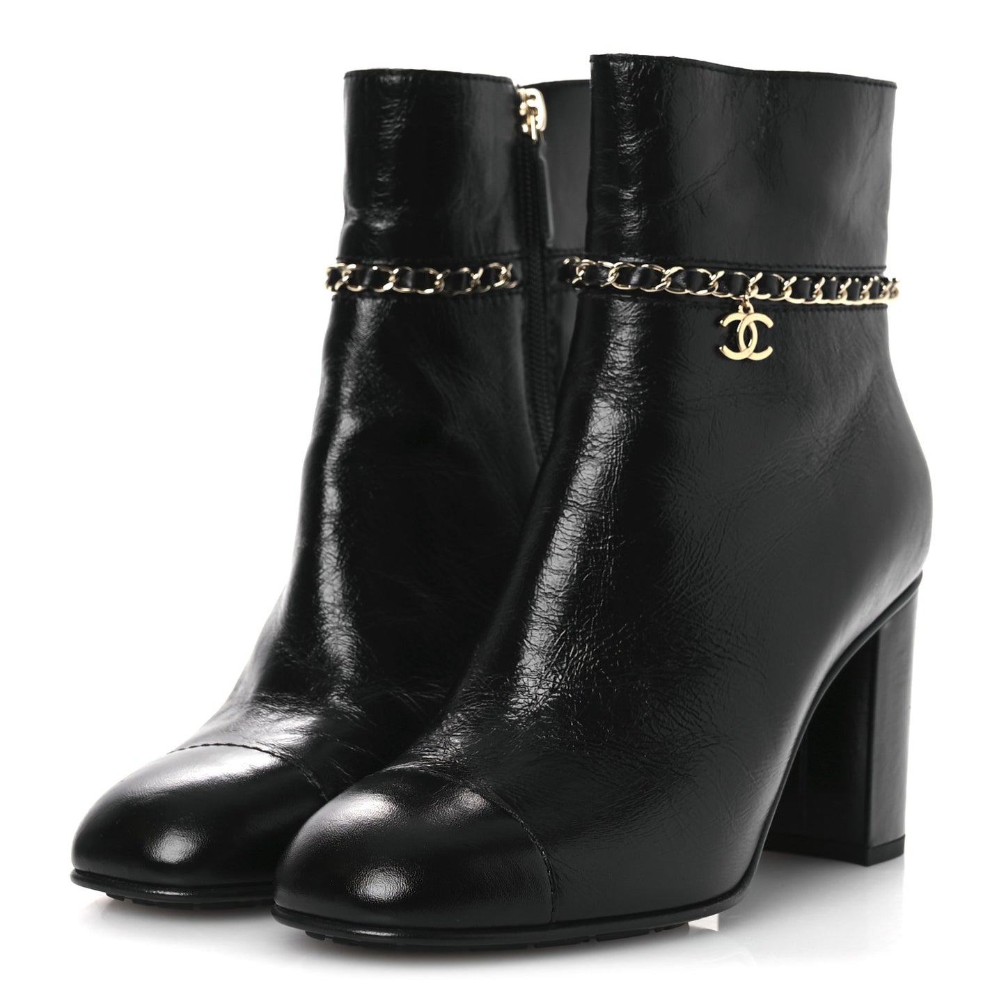 Crumpled Calfskin Cap Toe Chain Short Boots 35 Black 39.5 Black