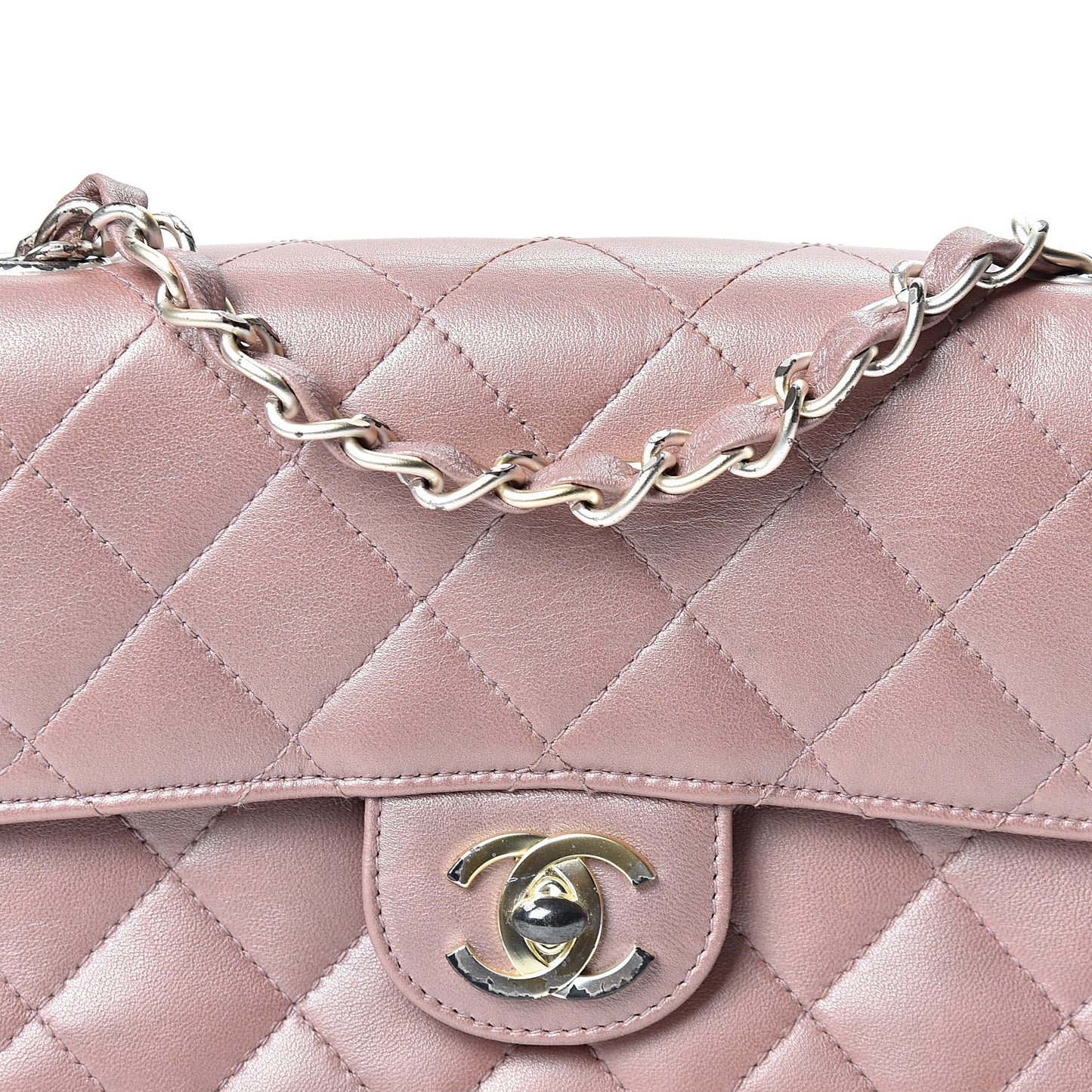 Metallic Lambskin Quilted Extra Mini Rectangular Flap Pink