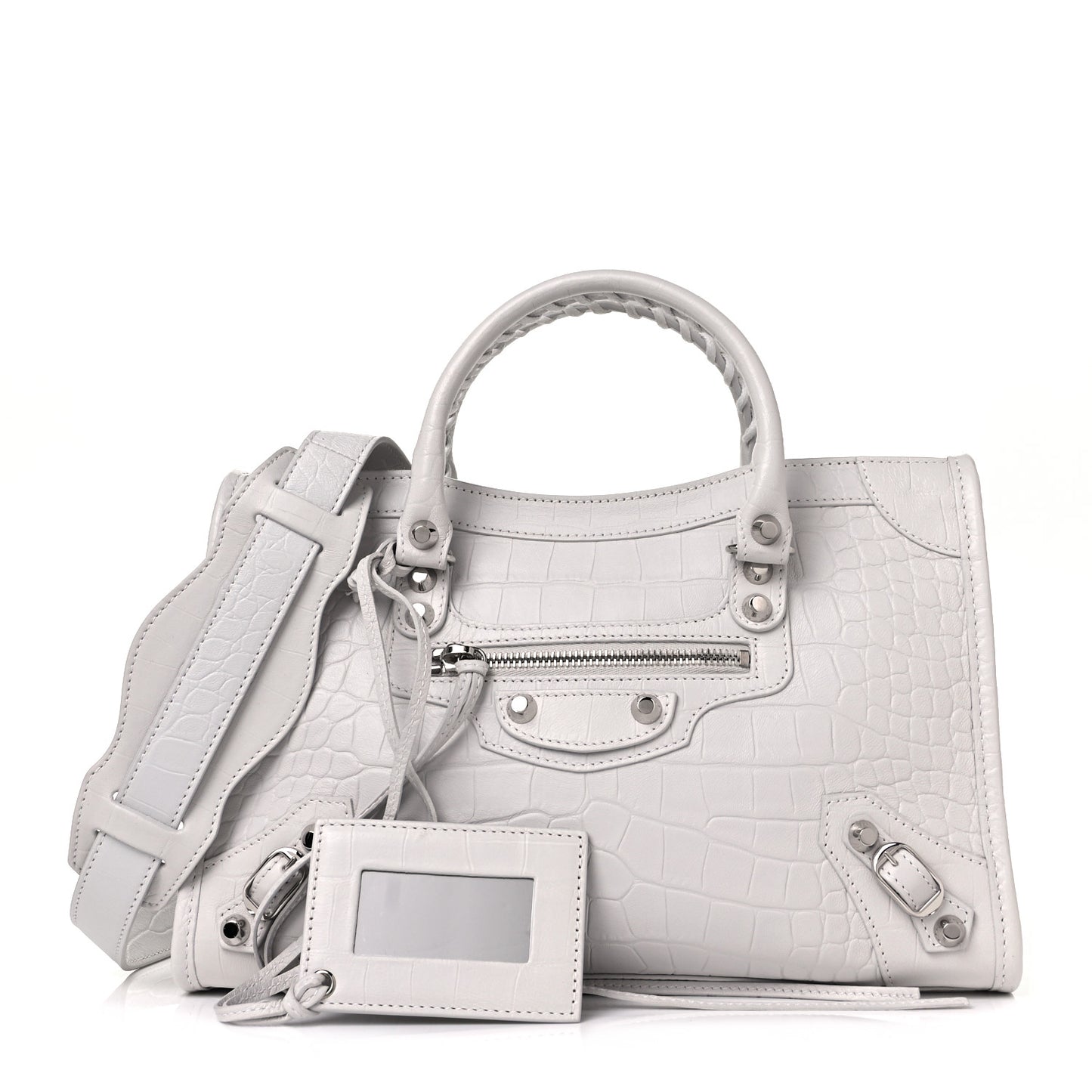 Matte Supple Lambskin Crocodile Embossed Classic Silver Hardware S City White