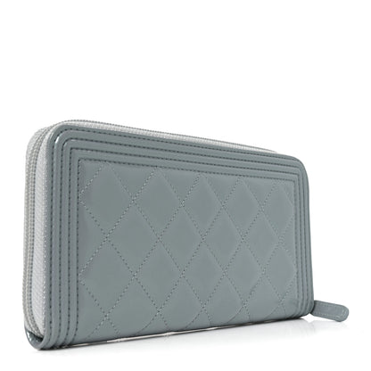 Chanel Metallic Patent Quilted Boy Zip Around Wallet Light Blue 3 of 9