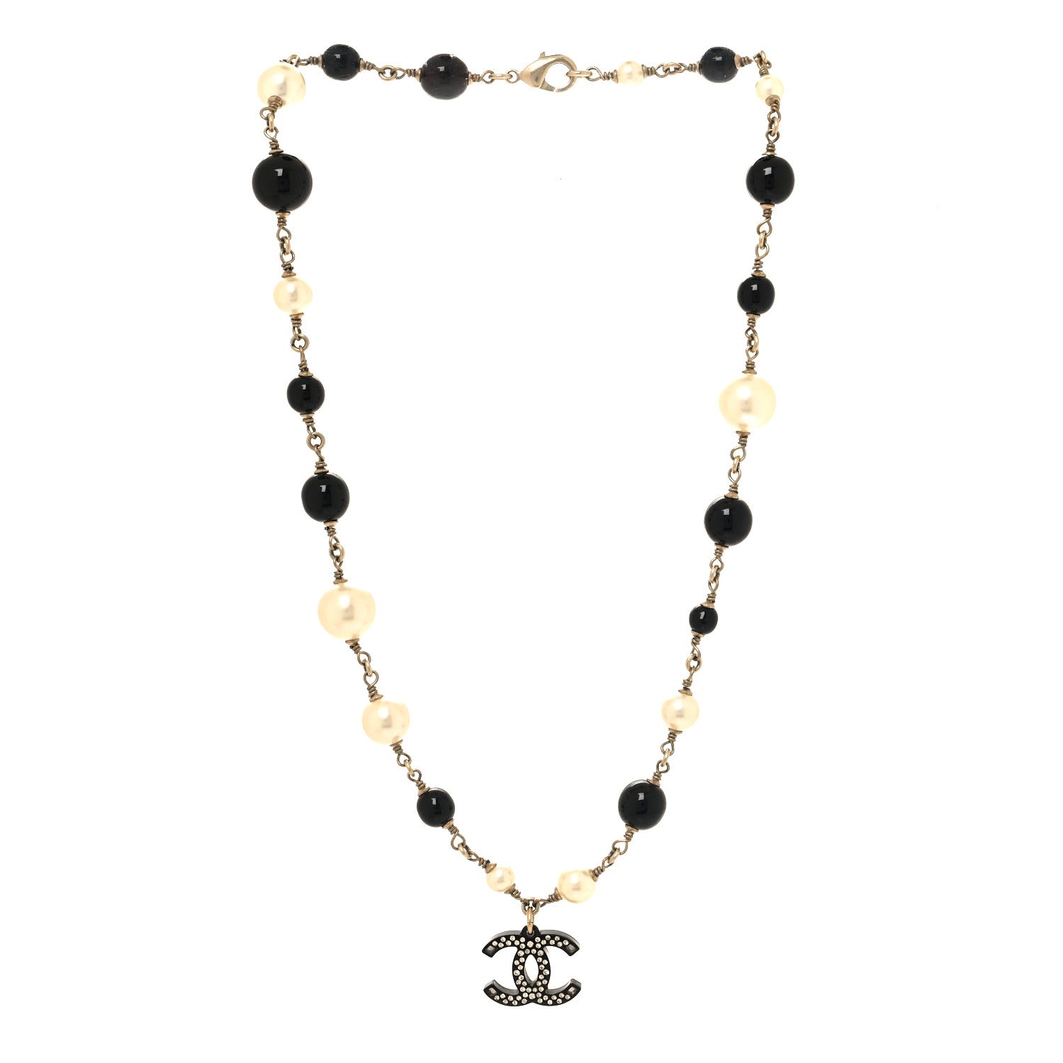 Chanel Pearl Crystal Bead CC Necklace Silver Black 3 of 5