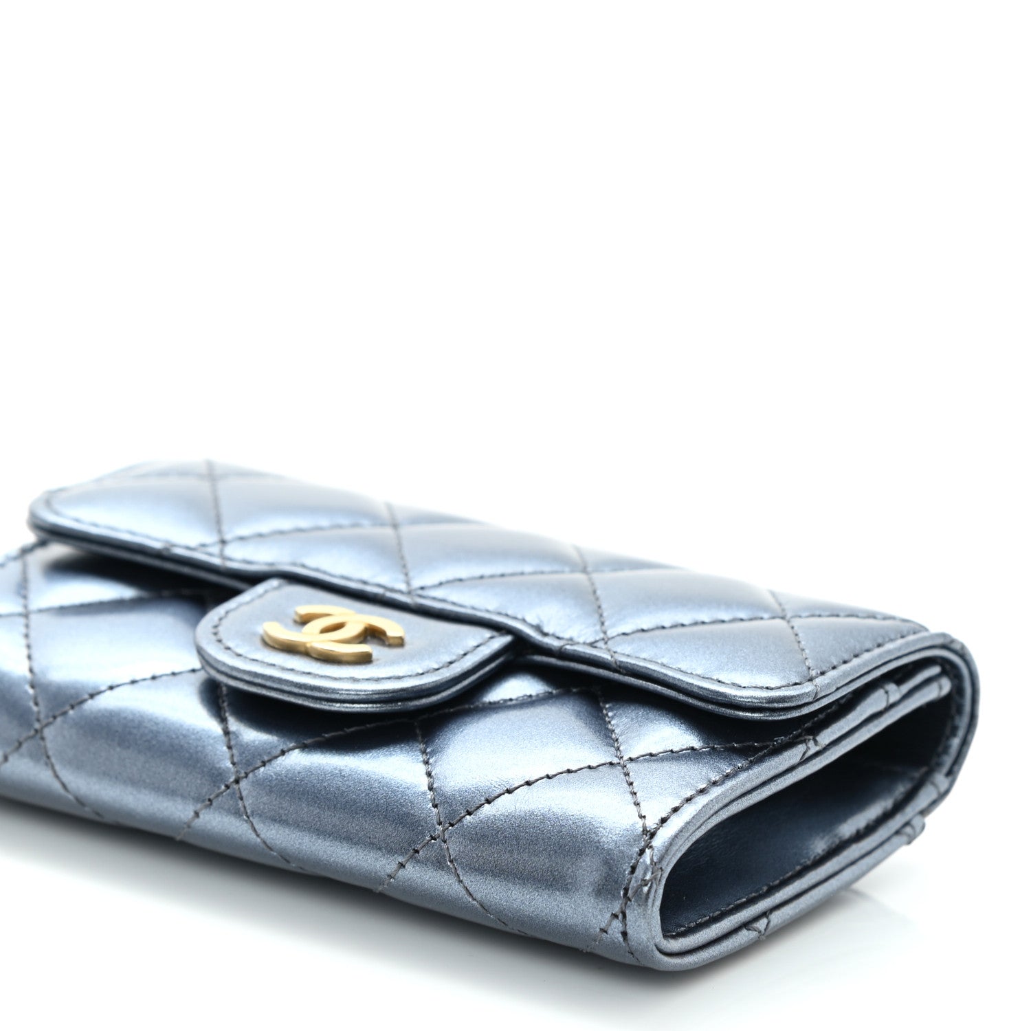 Chanel Metallic Lambskin Quilted Flap Card Holder Wallet Dark Blue 10 of 11