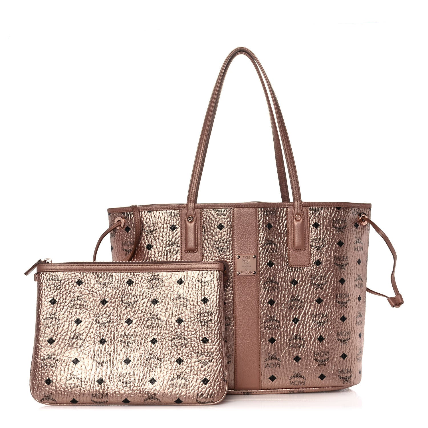 MCM Metallic Visetos Medium Liz Reversible Shopper Tote Champagne Gold 1 of 11