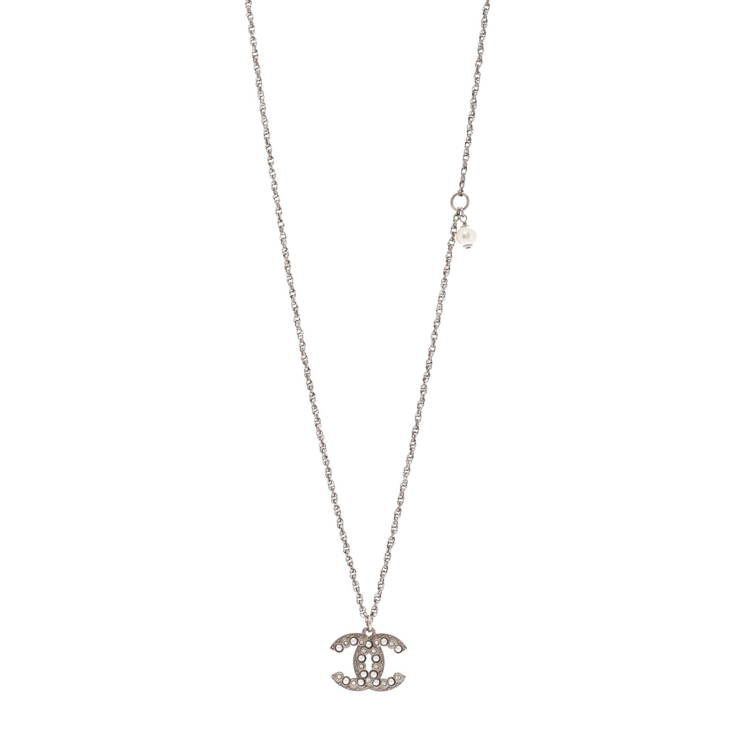 Pearl Crystal CC Pendant Necklace Silver