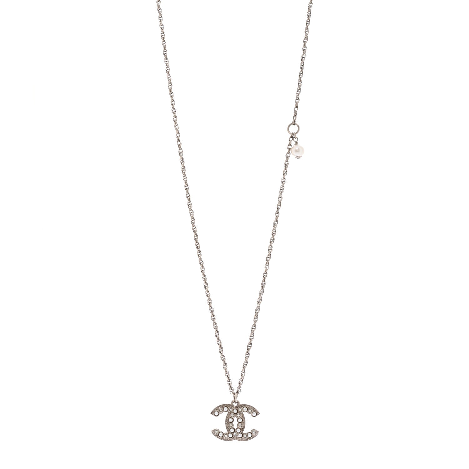 Chanel Pearl Crystal CC Pendant Necklace Silver 1 of 6