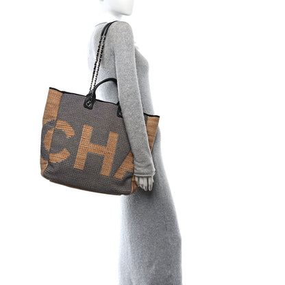 Chanel Woven Straw Raffia Logo Tote Blue Beige 2 of 12