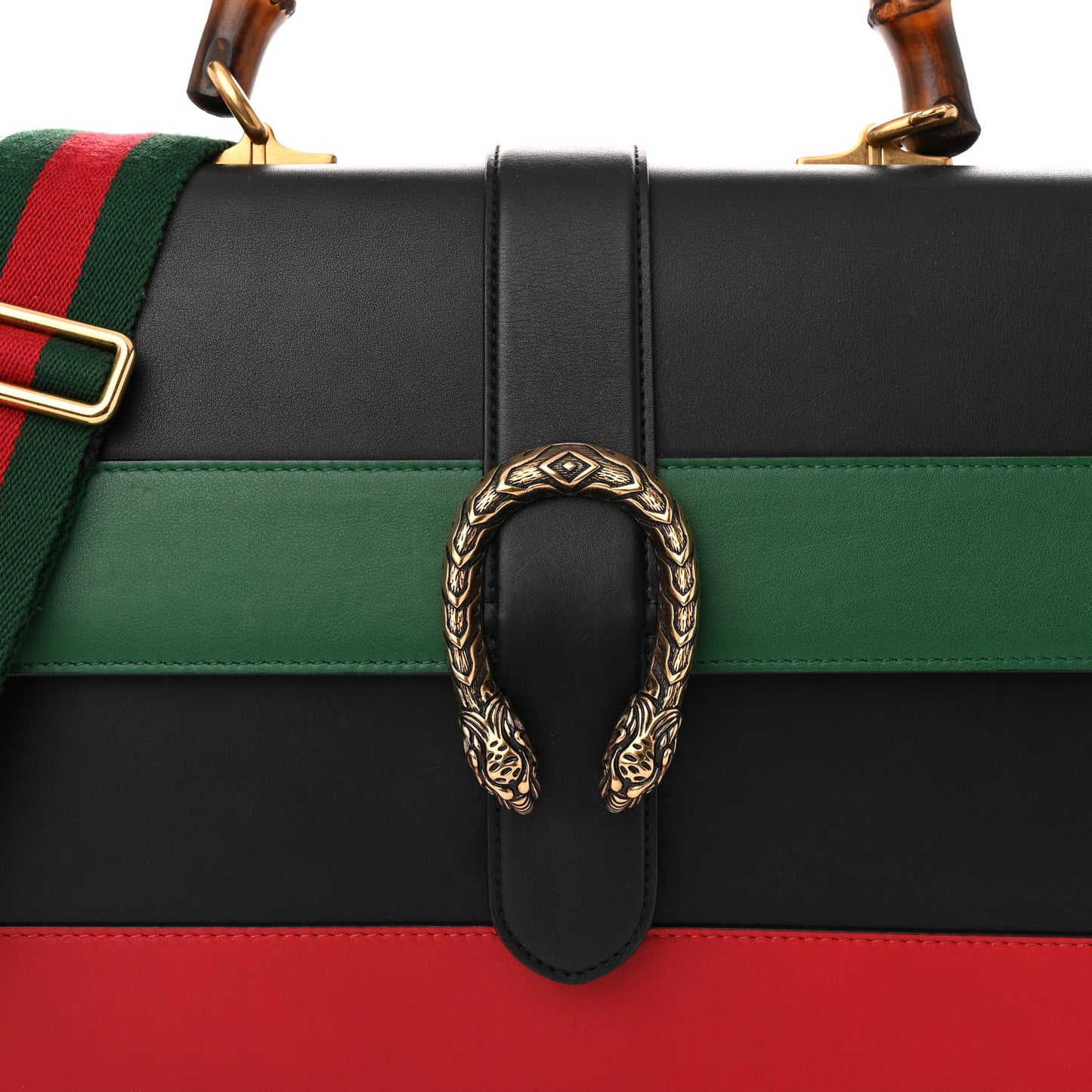 Calfskin Bamboo Web Large Dionysus Top Handle Bag Black Bright Evergreen Hibiscus Red