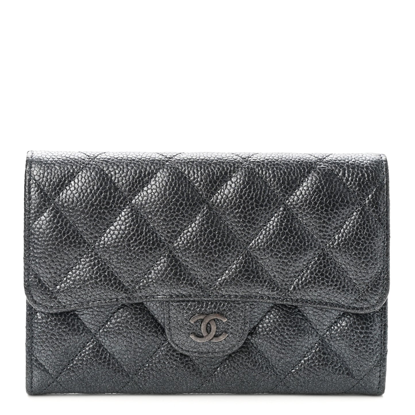 Metallic Caviar Quilted Small Flap Wallet Charcoal