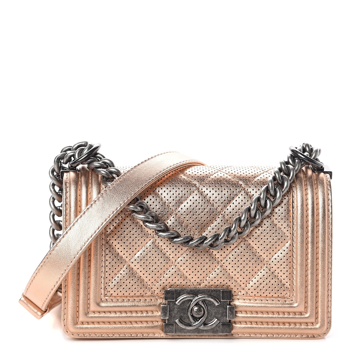 Metallic Calfskin Perforated Small Boy Flap Gold