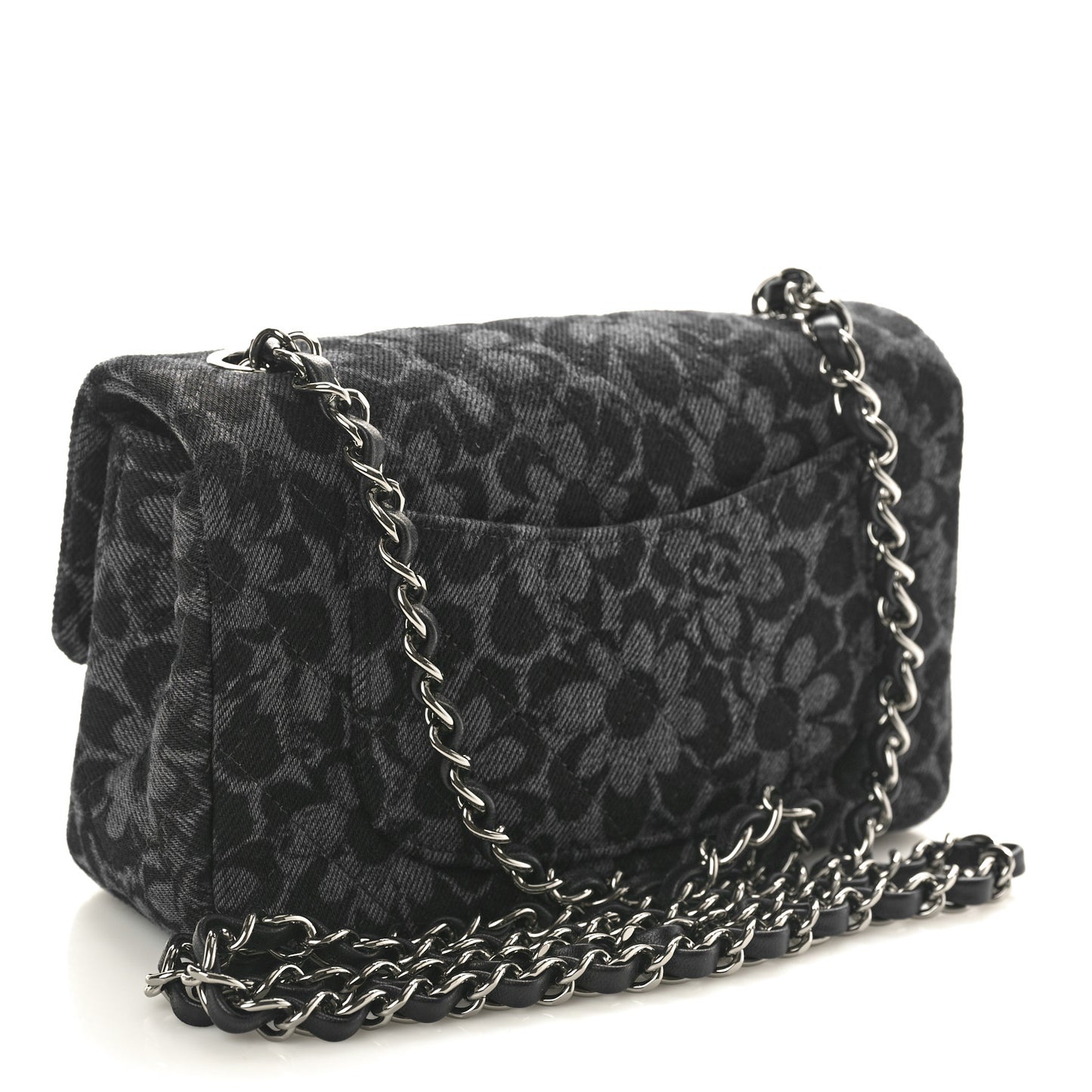 Printed Denim Quilted Flower Mini Rectangular Flap Black