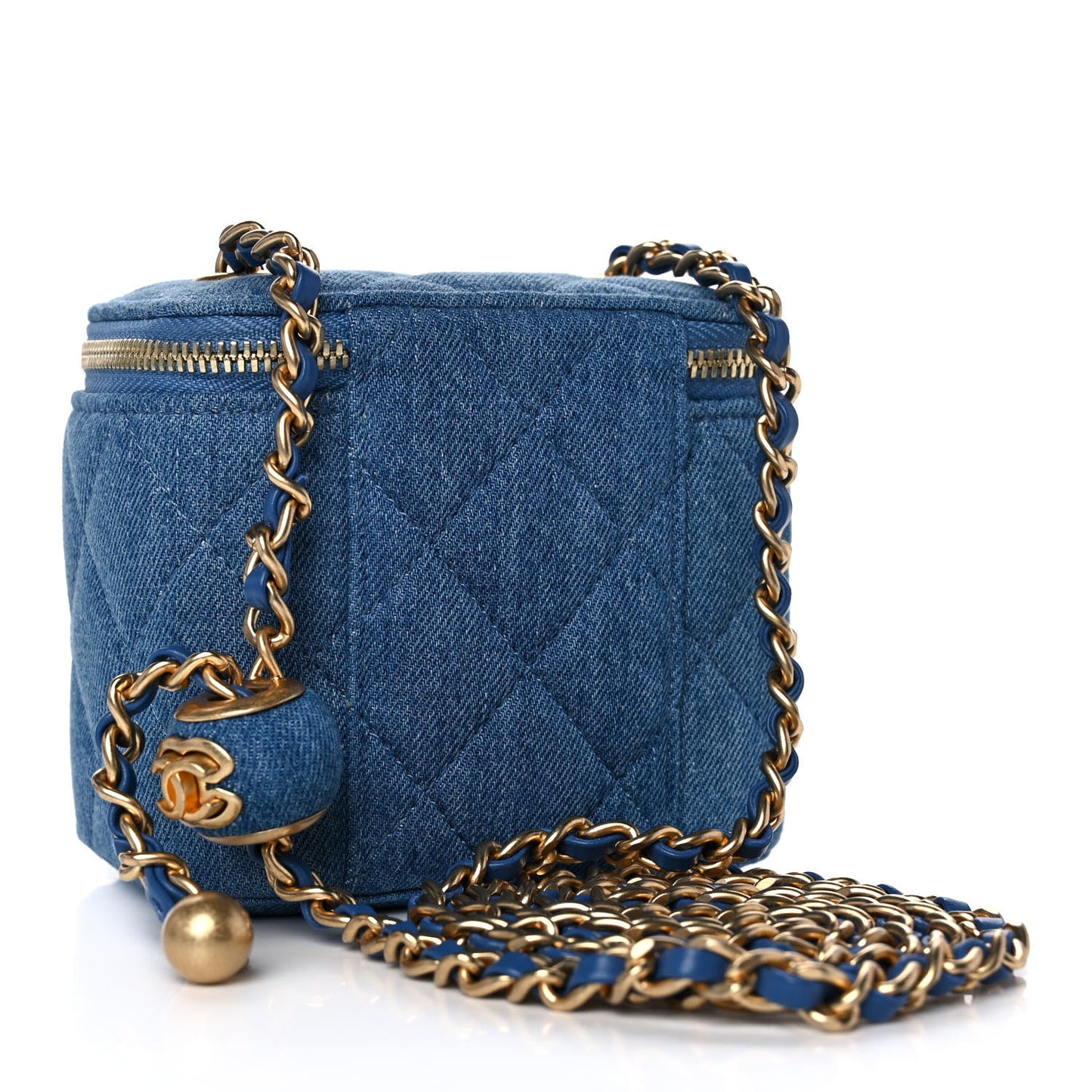 Denim Quilted Mini Pearl Crush Vanity Case With Chain