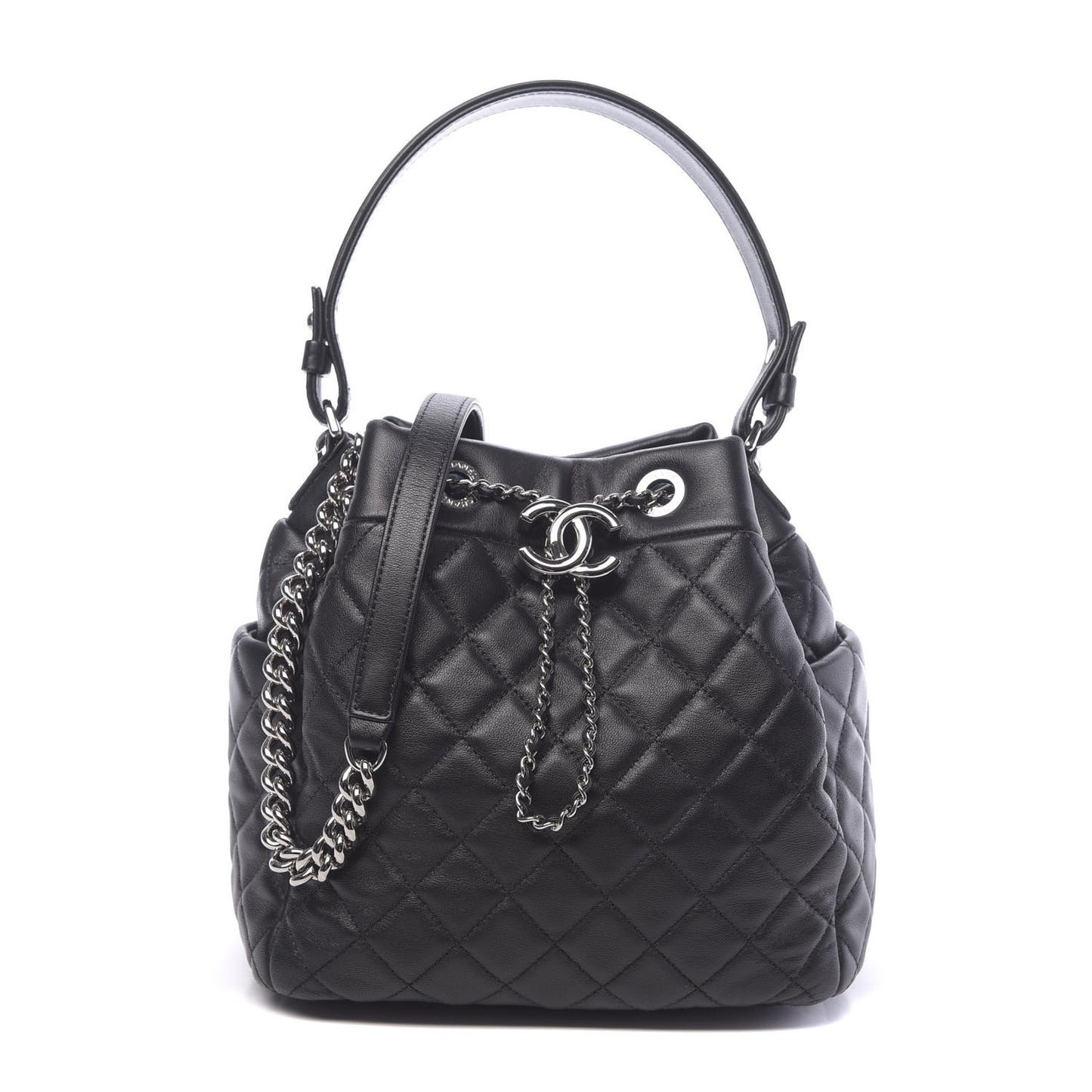 Lambskin Quilted Mini CC Chain Bucket Bag Black