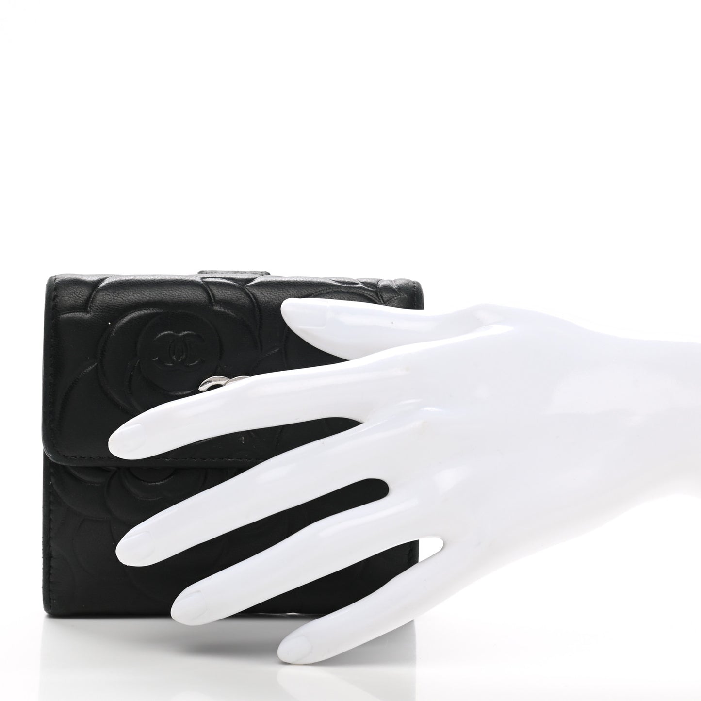Lambskin Embossed Camellia French Wallet Black