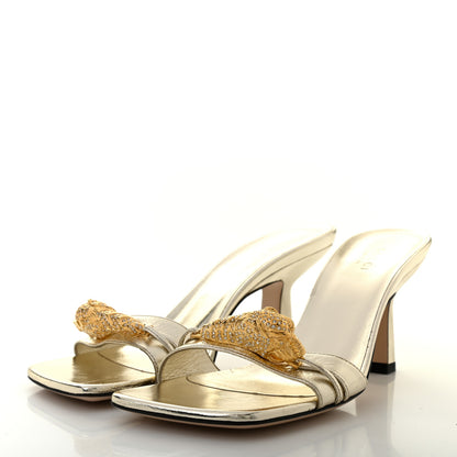 Gucci Metallic Nappa Dora Tiger Head Mid Heel Slide Sandals 37.5 Gold 3 of 9