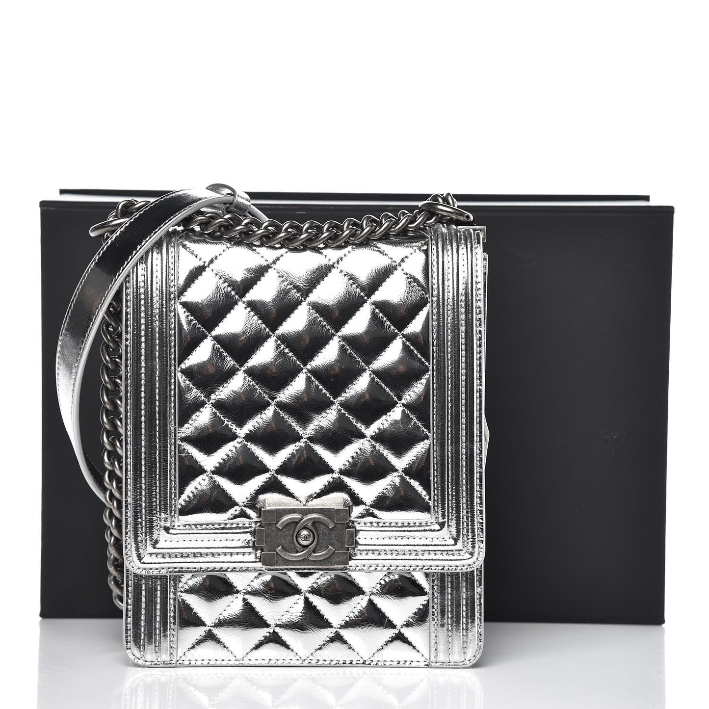 Metallic Goatskin Quilted North South Boy Flap Silver