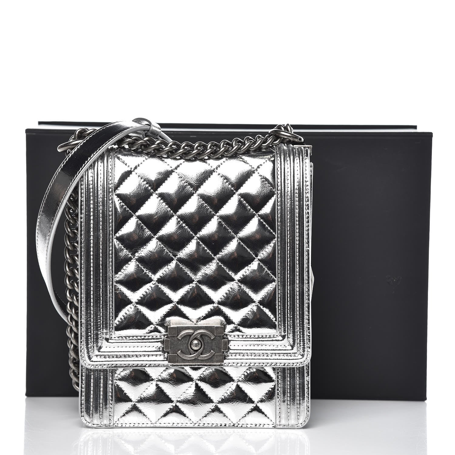 Chanel Metallic Goatskin Quilted North South Boy Flap Silver 8 of 8