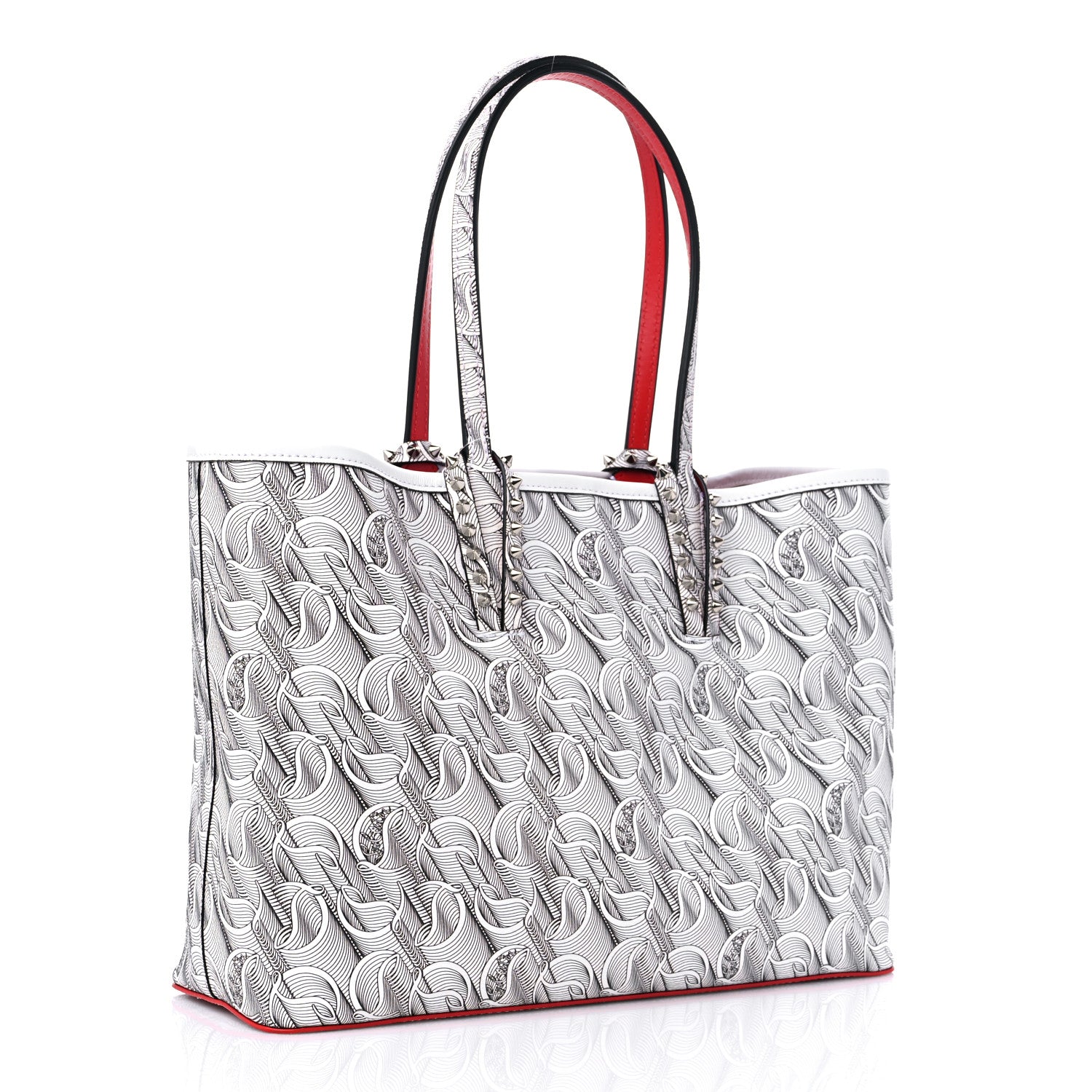 Christian Louboutin Toile Monogram Calfskin Printed Spikes Small East West Cabata Tote White Black 4 of 10