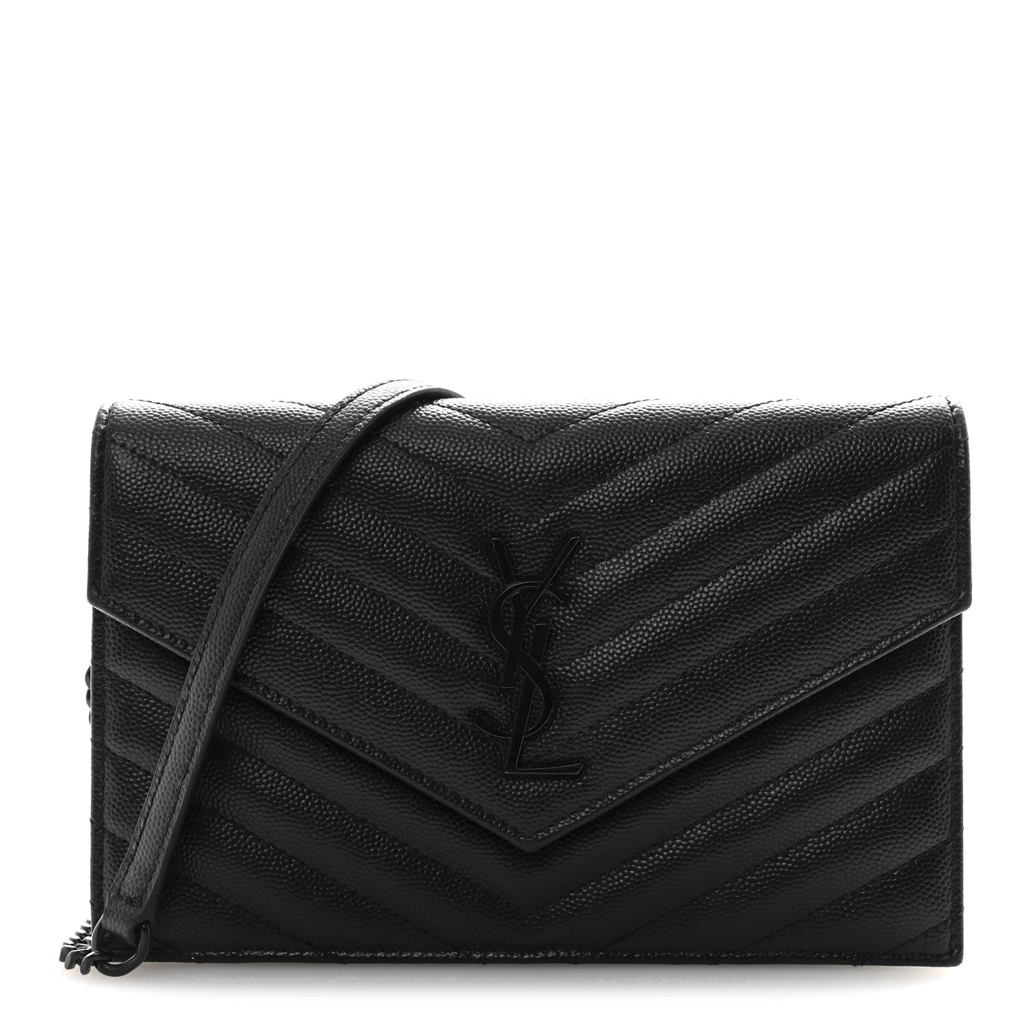 Saint Laurent Grain De Poudre Matelasse Chevron Monogram Monochrome Envelope Chain Wallet Black 1 of 16