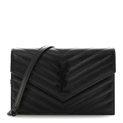 Saint Laurent Grain De Poudre Matelasse Chevron Monogram Monochrome Envelope Chain Wallet Black 1 of 16