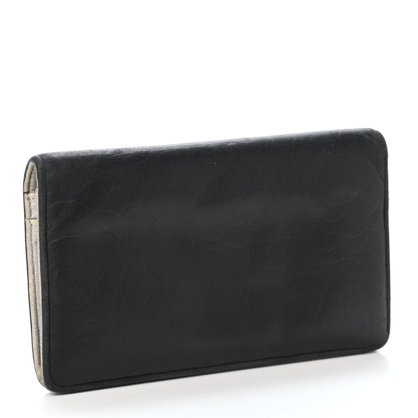 Lambskin Camellia Embossed Yen Wallet Black