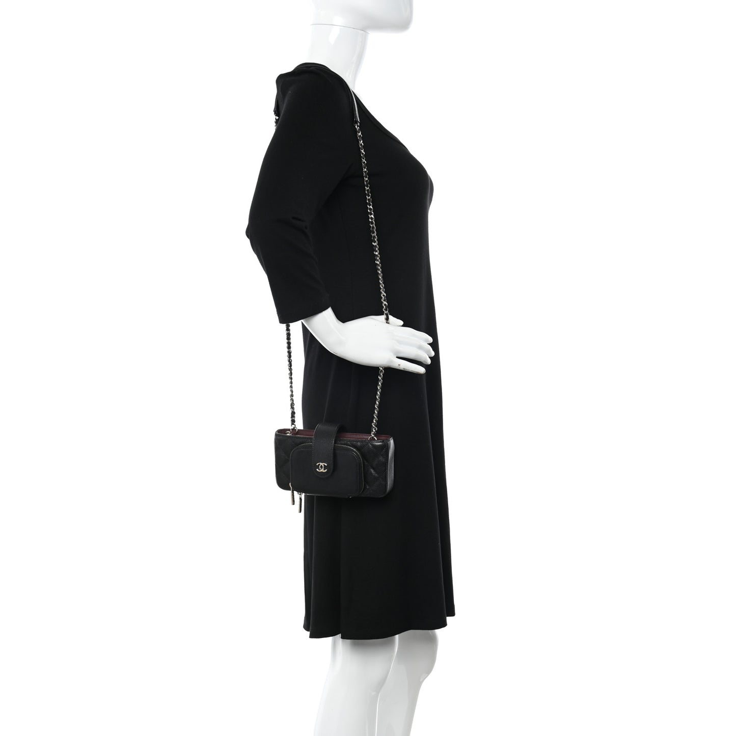 Caviar Quilted Phone Holder With Chain Black