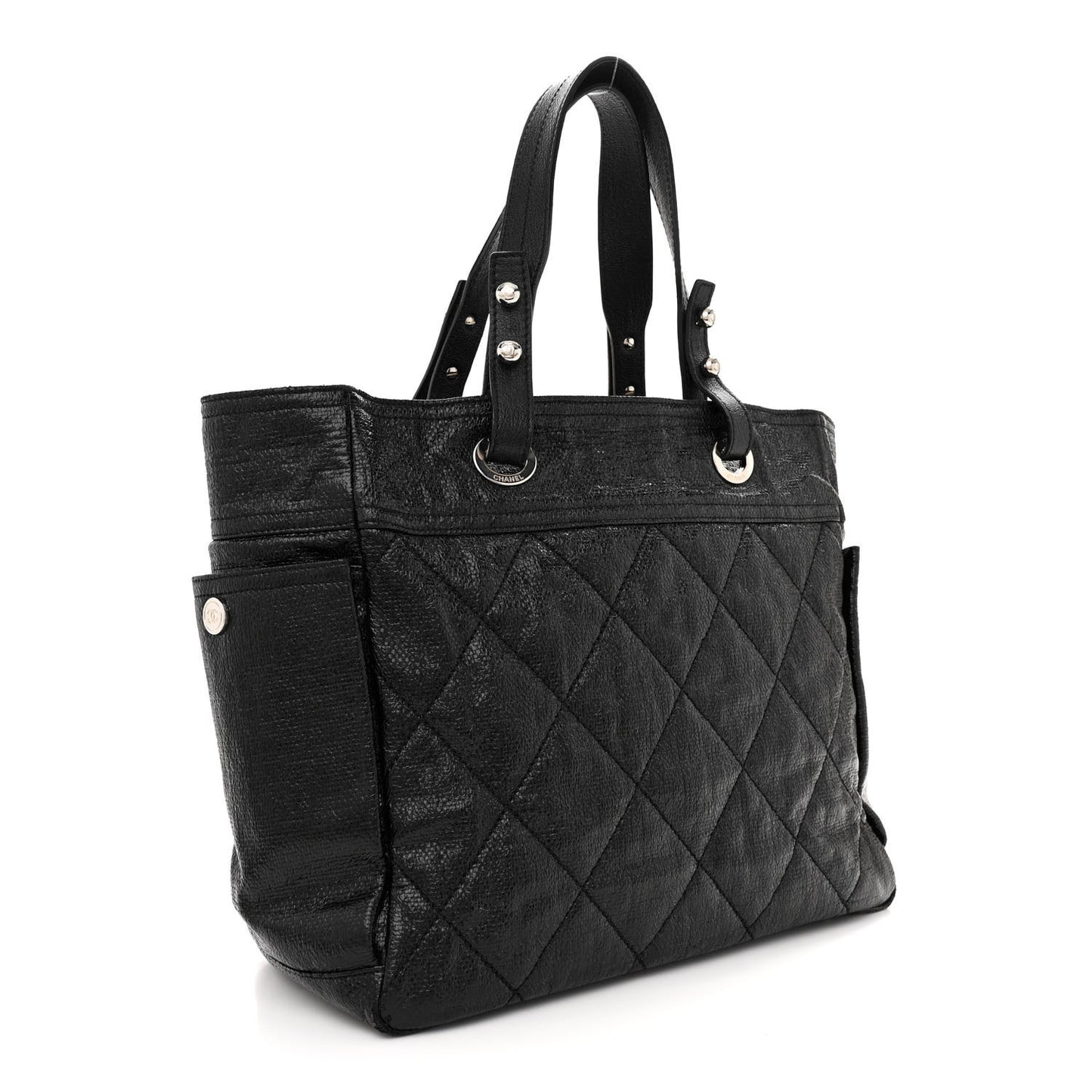Metallic Coated Canvas Quilted Large Paris Biarritz Tote Black