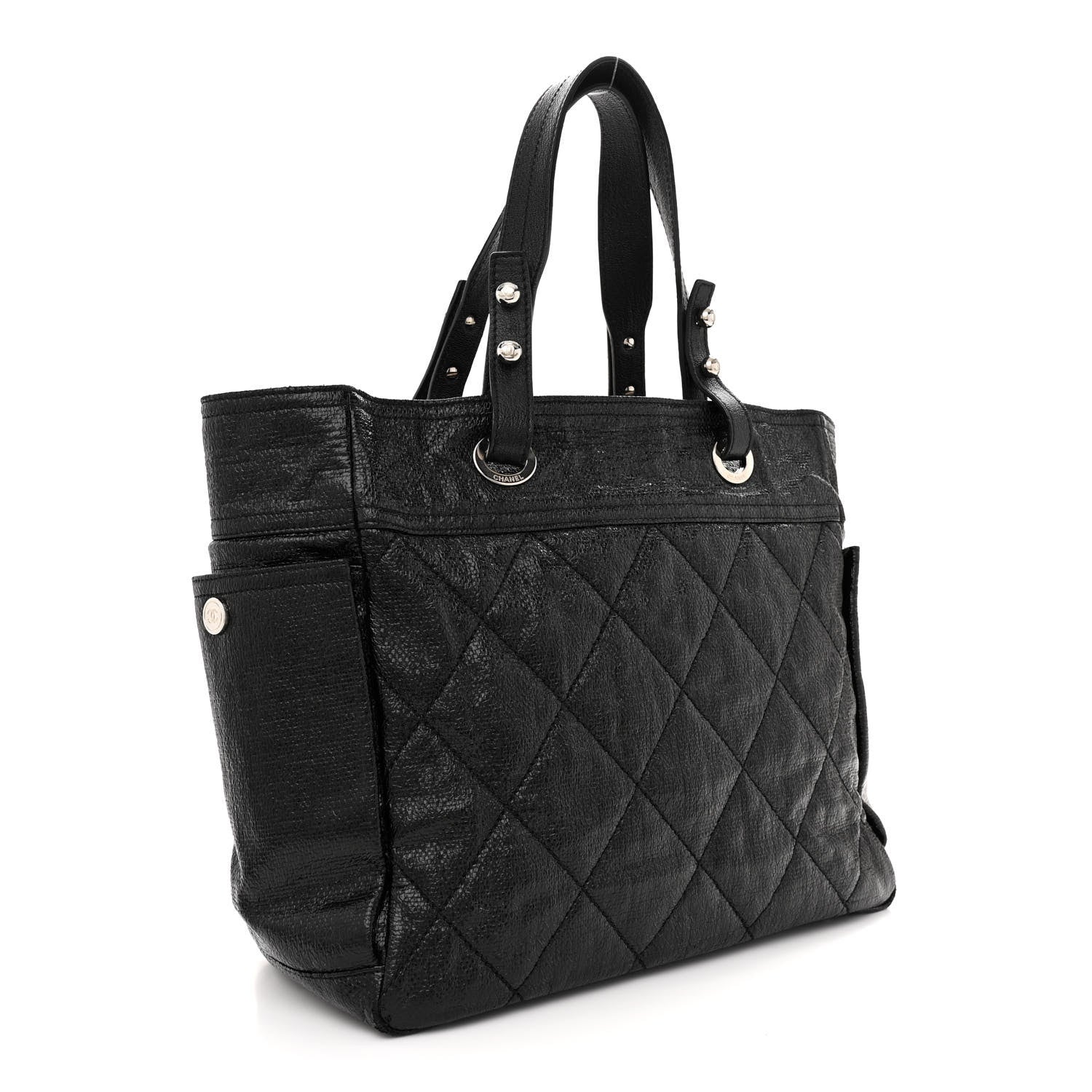 Chanel Metallic Coated Canvas Quilted Large Paris Biarritz Tote Black 4 of 15