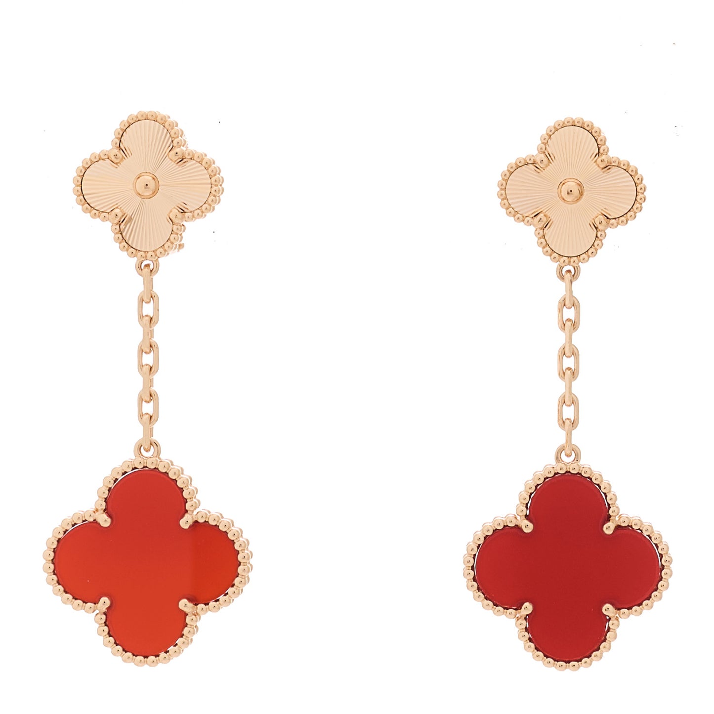18K Rose Gold Guilloche Carnelian 2 Motifs Magic Alhambra Earrings