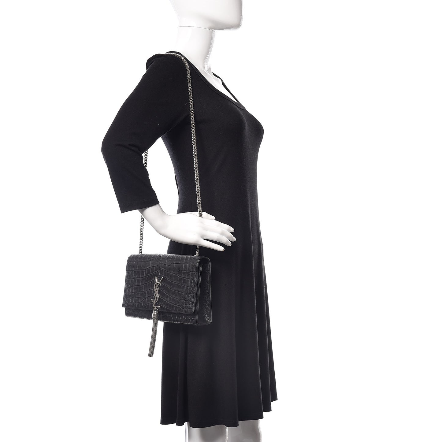 Calfskin Crocodile Embossed Medium Classic Monogram Kate Tassel Satchel Black
