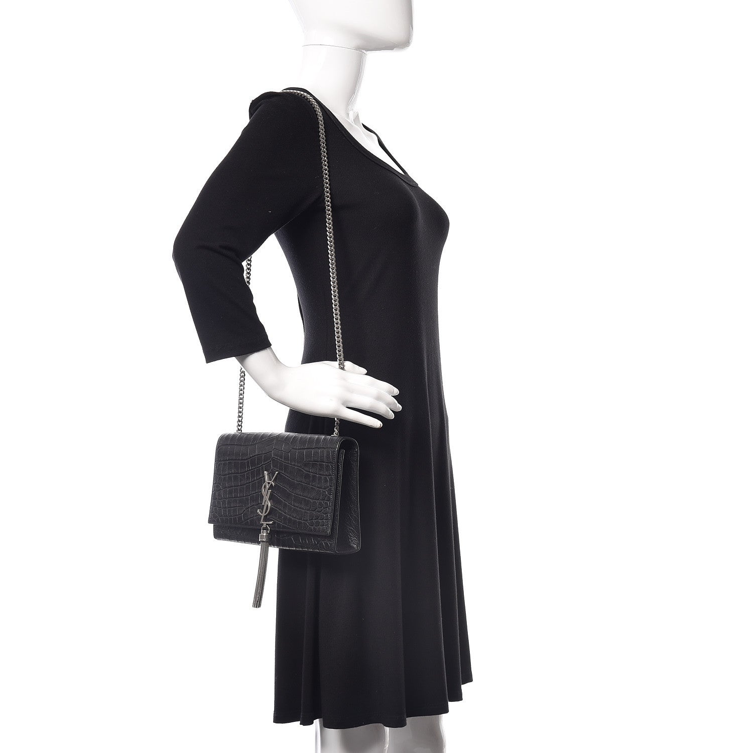Saint Laurent Calfskin Crocodile Embossed Medium Classic Monogram Kate Tassel Satchel Black 2 of 9