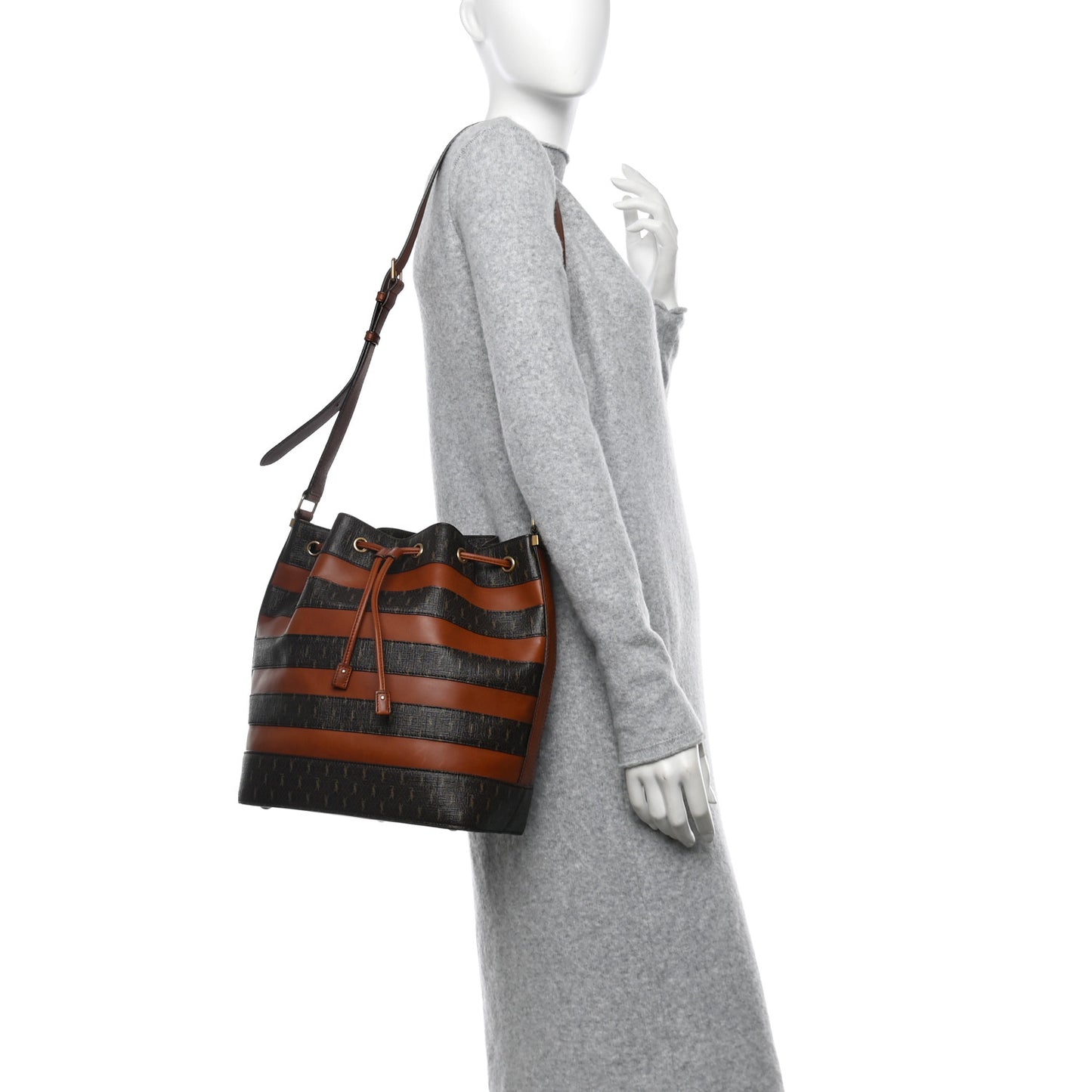 Canvas Smooth Calfskin Le Monogramme Striped Bucket Bag Brown