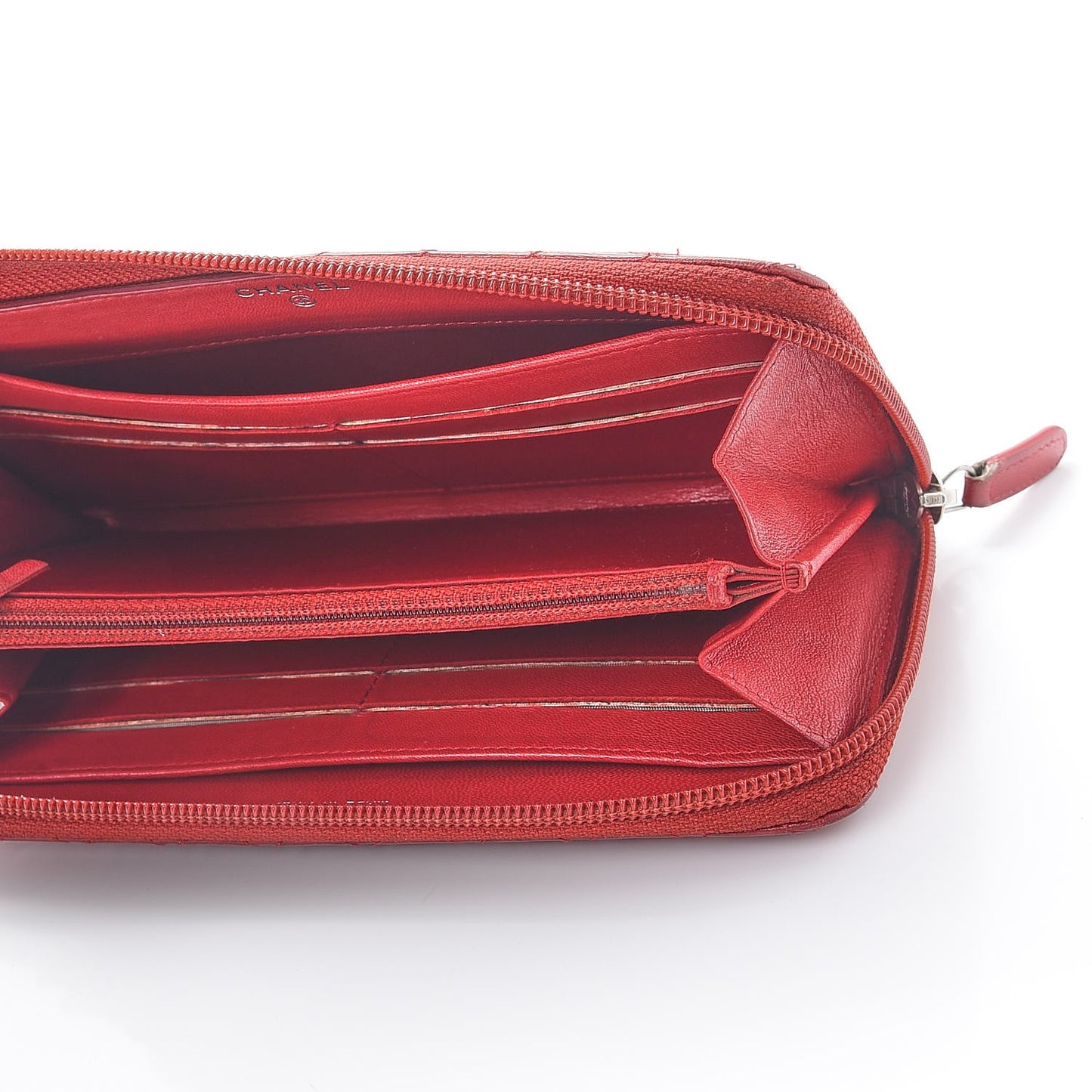 Lambskin Quilted Camellia Zip Around Large Gusset Wallet Red