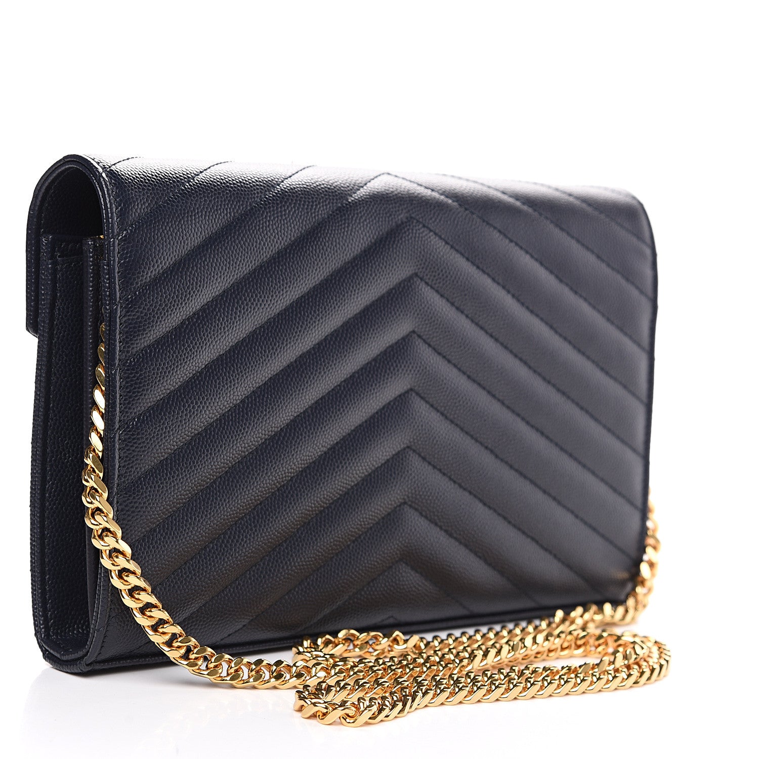 Saint Laurent Grain de Poudre Matelasse Chevron Medium Monogram Chain Wallet Navy 2 of 9