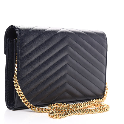 Saint Laurent Grain de Poudre Matelasse Chevron Medium Monogram Chain Wallet Navy 2 of 9