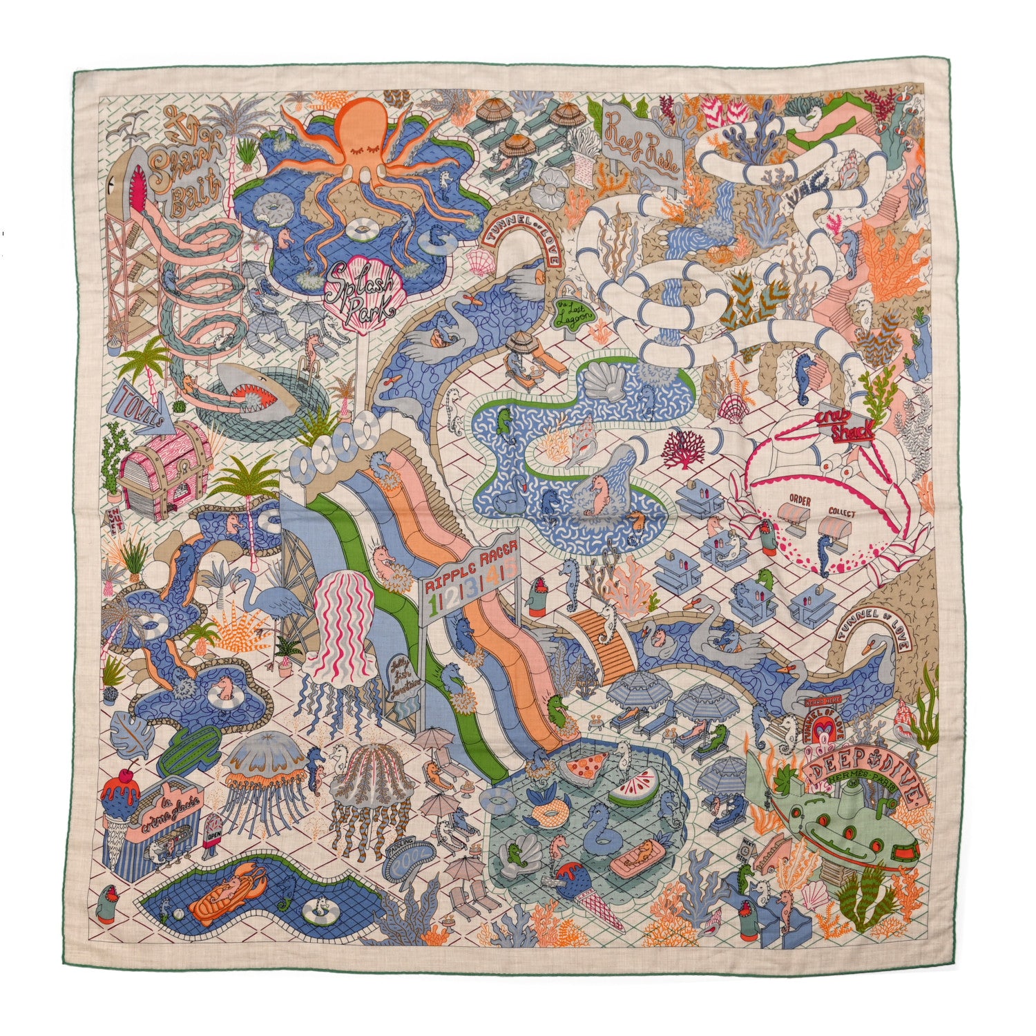 Hermes Cashmere Silk Splash Park Shawl 140 Naturel Vert Bleu 1 of 6