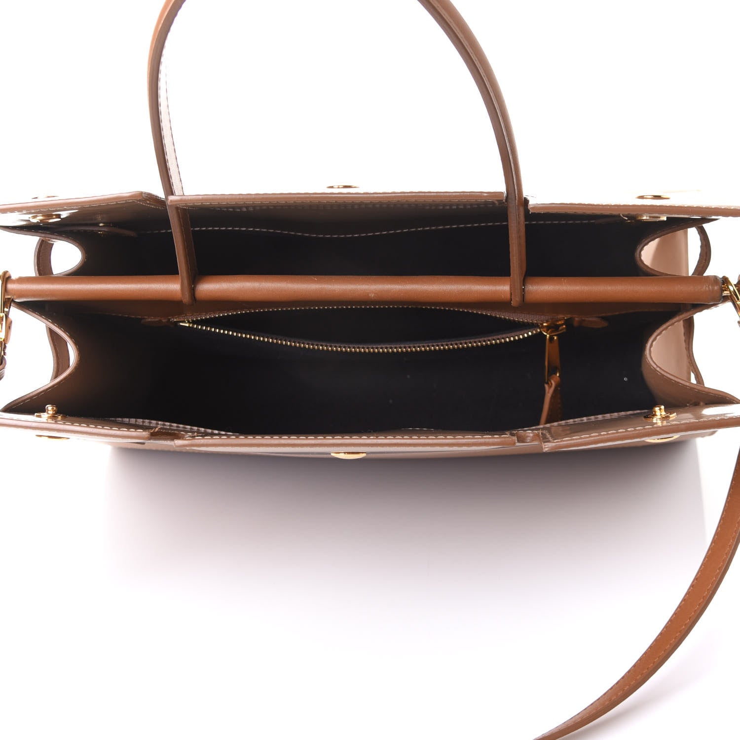 Burberry Patent Smooth Calfskin Paneled Medium Two Handle Title Bag Tan 4 of 10
