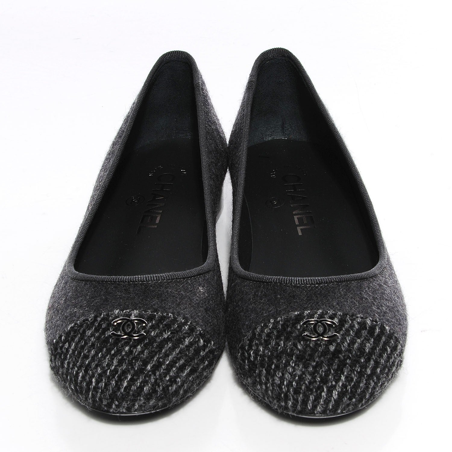 Chanel Tweed Flannel Cap Toe Ballerina Flats Grey Black 36 2 of 9