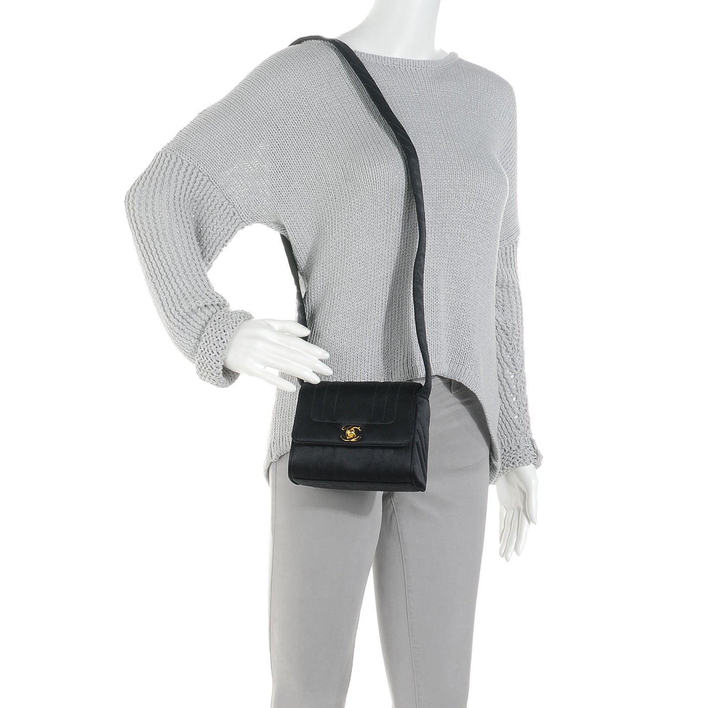 Satin Vertical Quilt Mini Flap Shoulder Bag Black