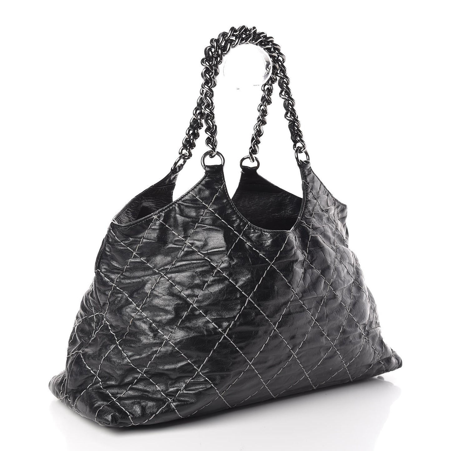 Glazed Goatskin Double Contrast Stitch Tote Black