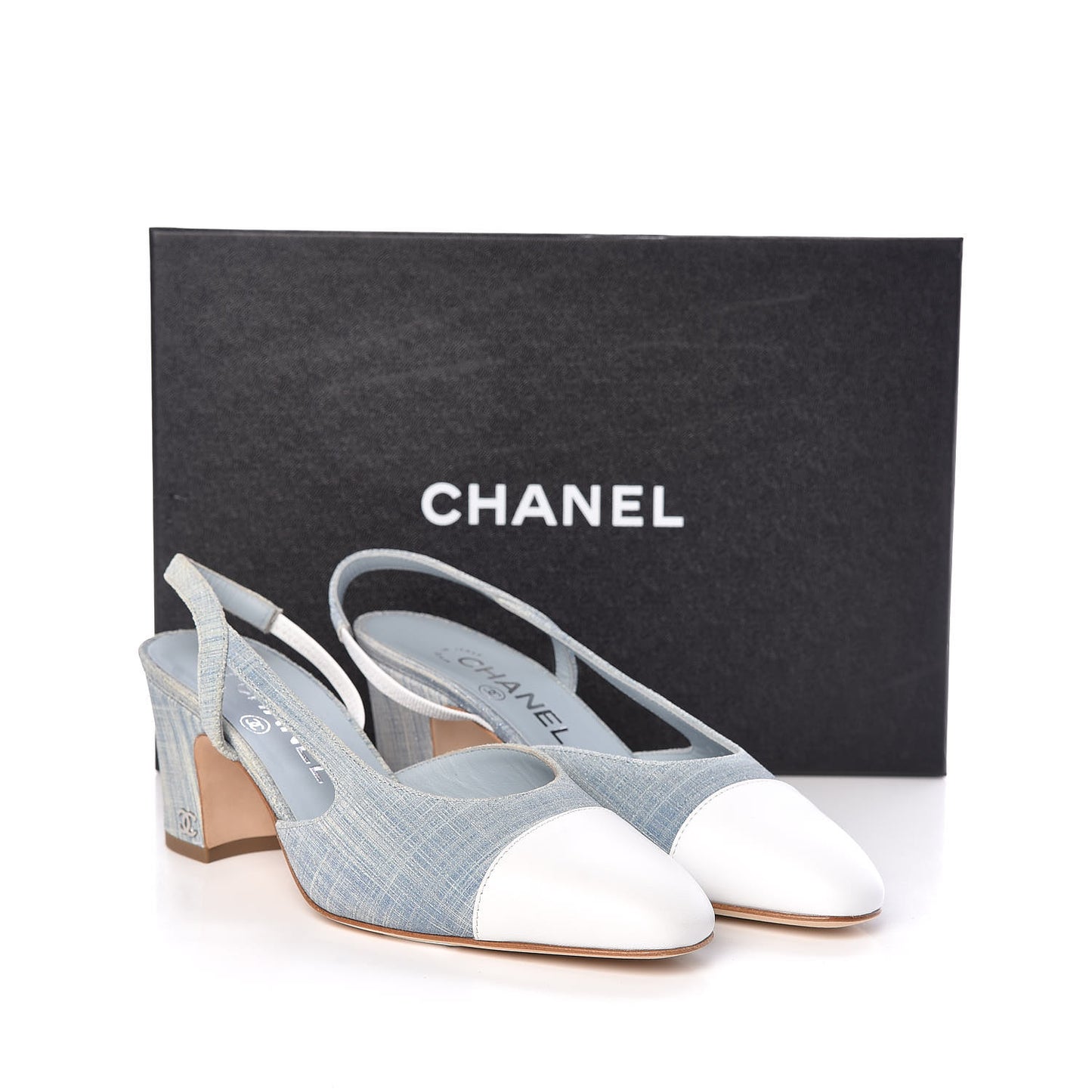 Denim Lambskin Cap Toe CC Slingback Pumps 35.5 Light Blue White
