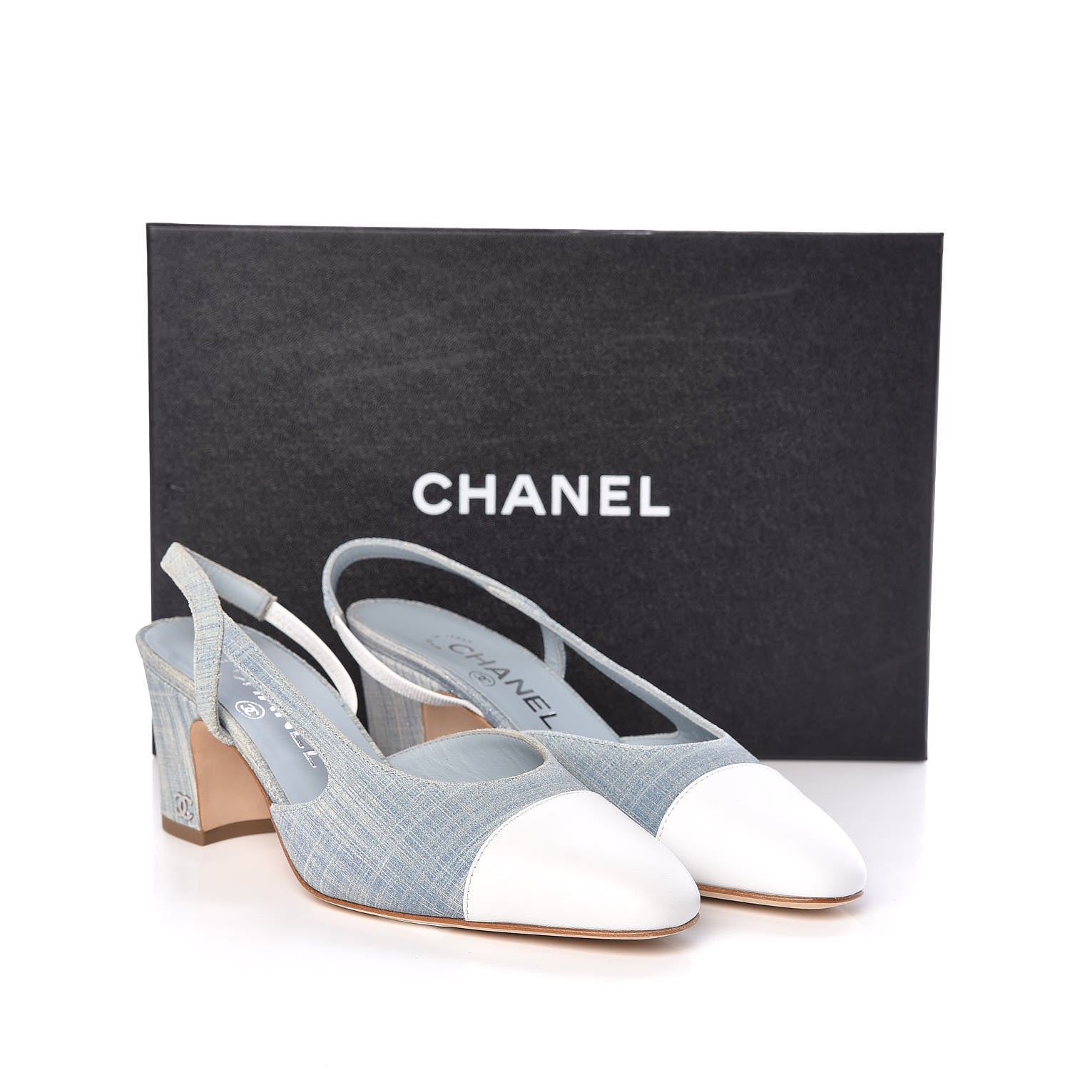 Chanel Denim Lambskin Cap Toe CC Slingback Pumps 35.5 Light Blue White 9 of 9