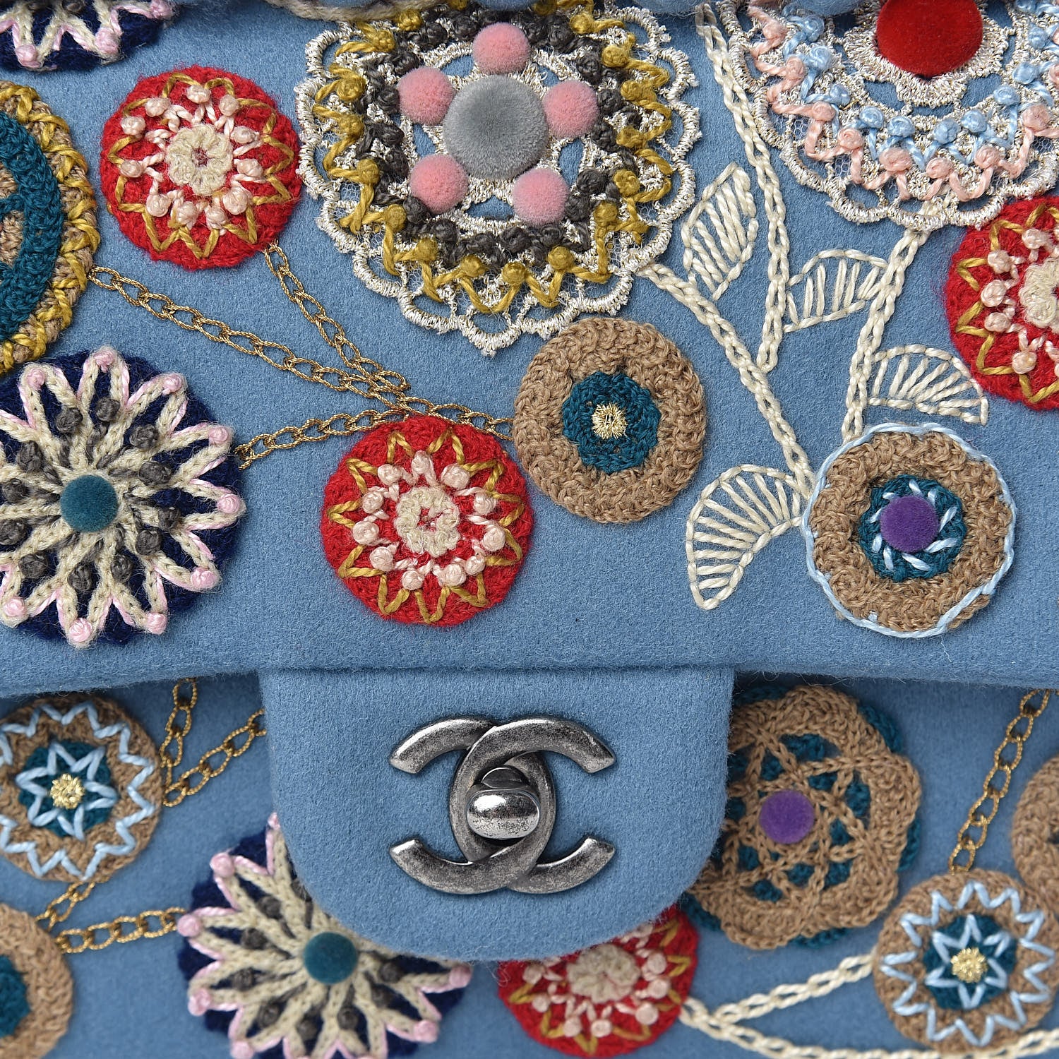 Chanel Felt Flower Embroidered Medium Double Flap Blue Multicolor 10 of 10
