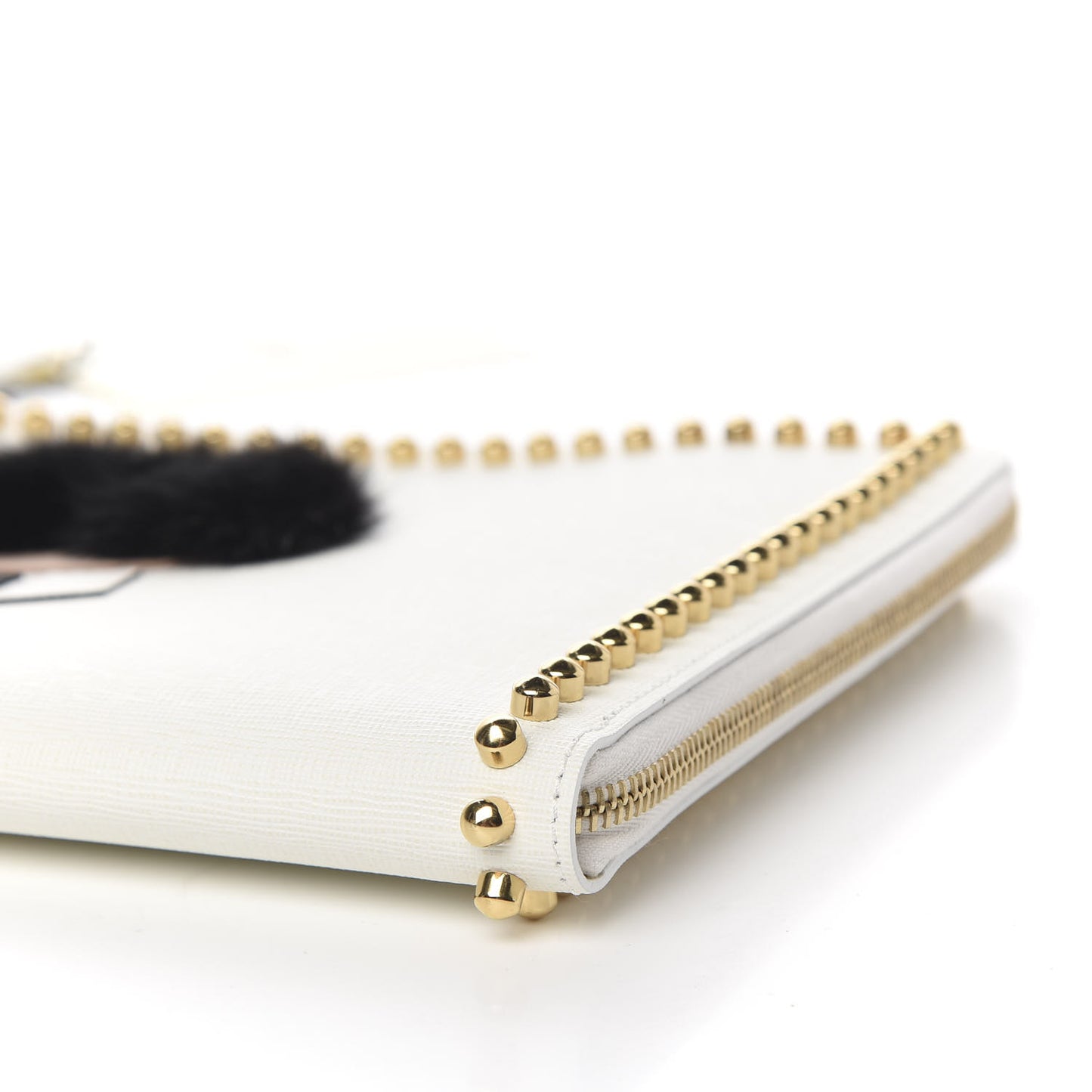 Vitello Elite Mink Fur Studded Karlito Zip Around Pouch White