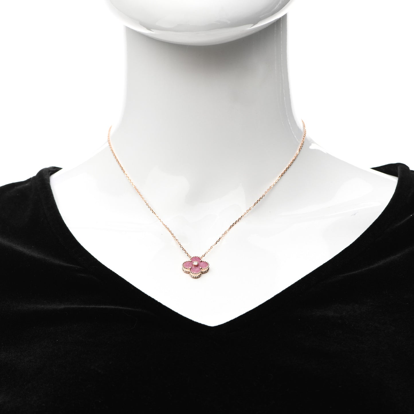 18K Rose Gold Diamond Rhodonite Vintage Alhambra Pendant Necklace