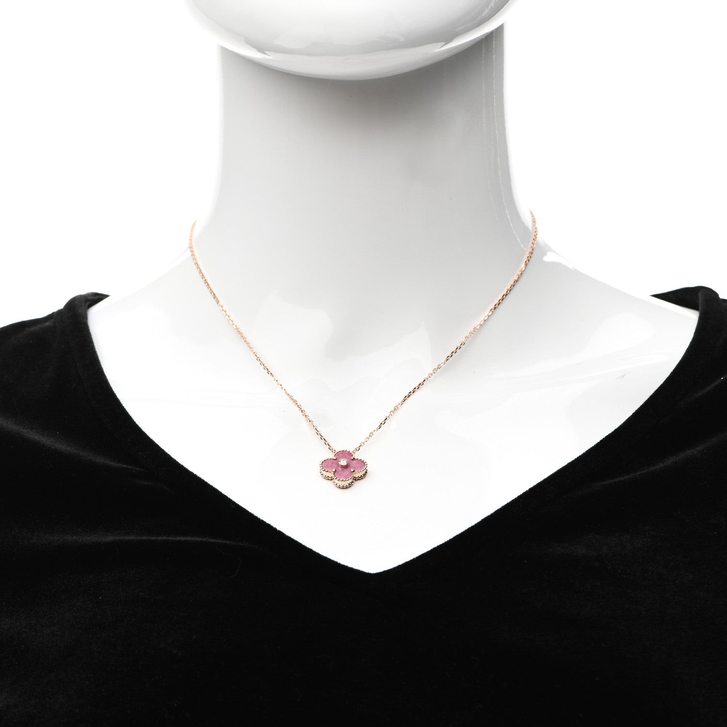Van Cleef & Arpels 18K Rose Gold Diamond Rhodonite Vintage Alhambra Pendant Necklace 2 of 6