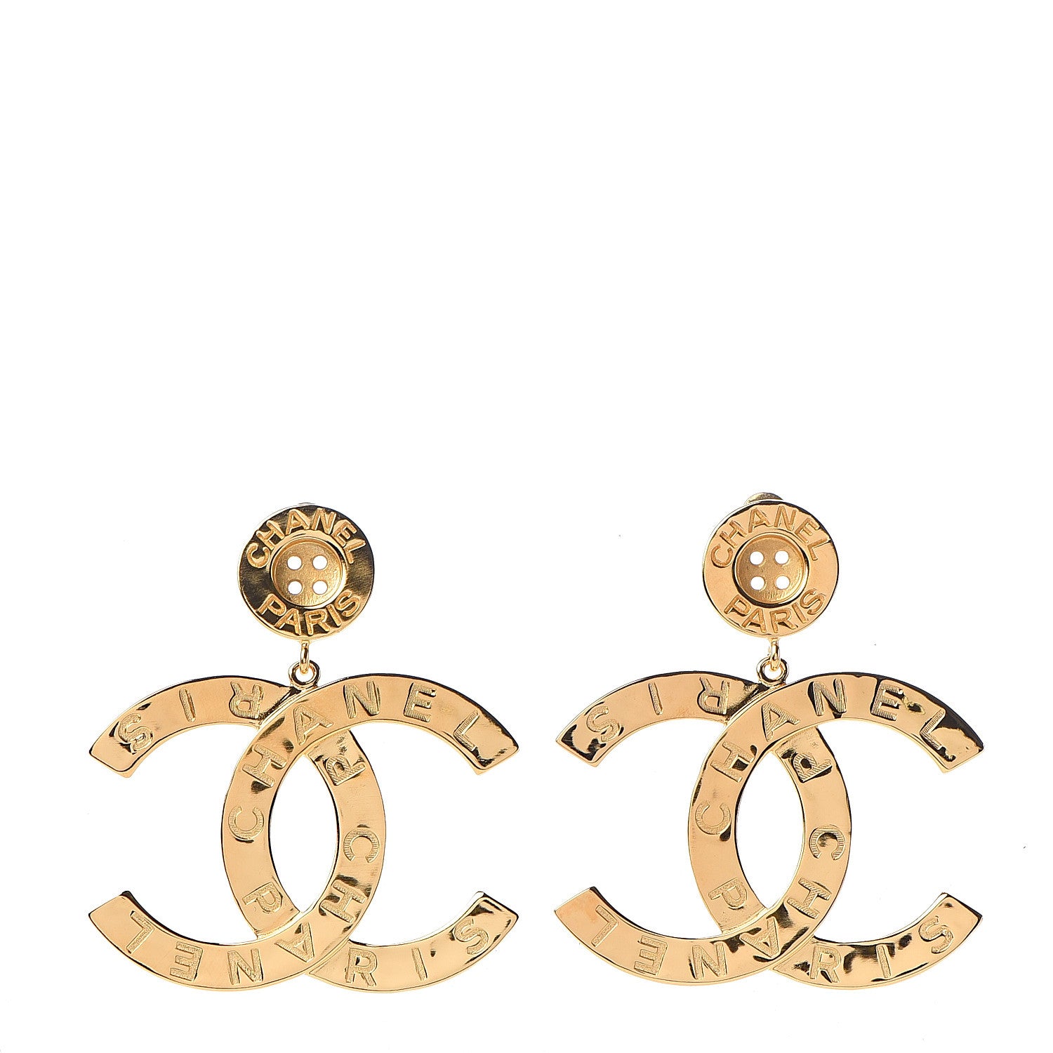 Chanel Metal Large Paris Button Earrings Gold 1 of 3