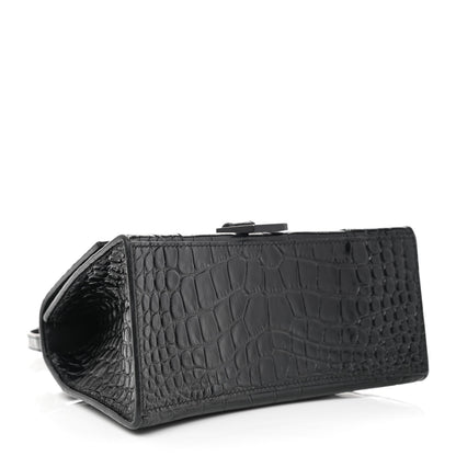 Balenciaga Shiny Calfskin Monochrome Crocodile Embossed Small Hourglass Top Handle Bag Black 4 of 9